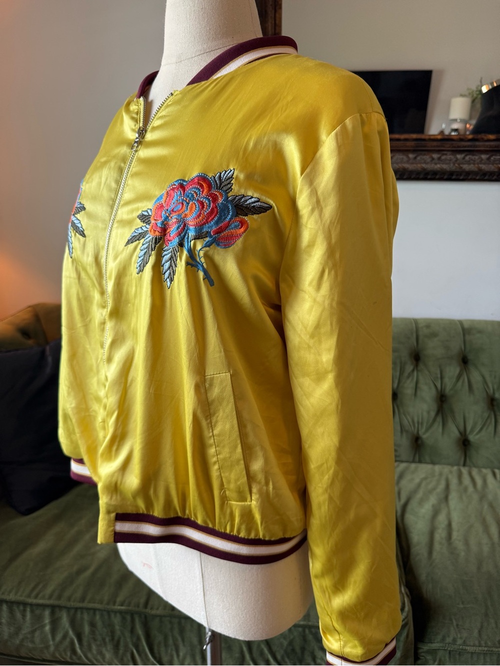 Embroidered Yellow Satin Bomber Jacket